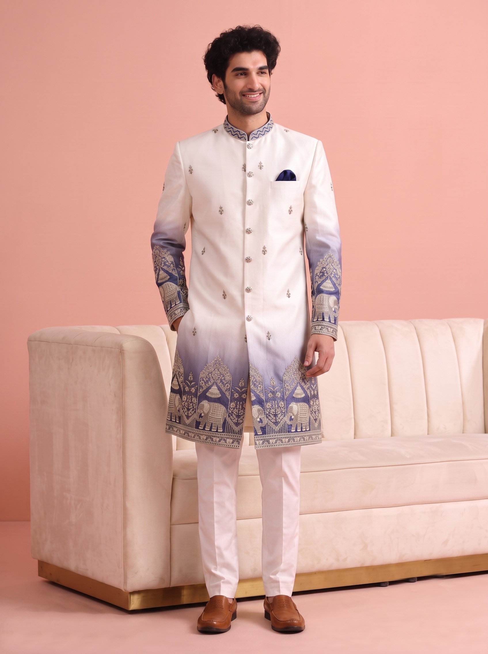 Blue Embroidered Doniar Satin Indo-Western Sherwani