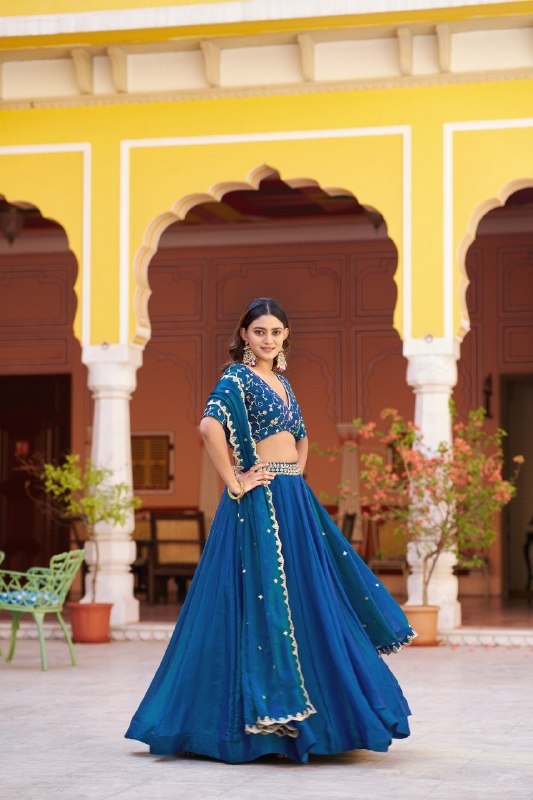 Blue Embroidered Fendi Silk Lehenga Choli