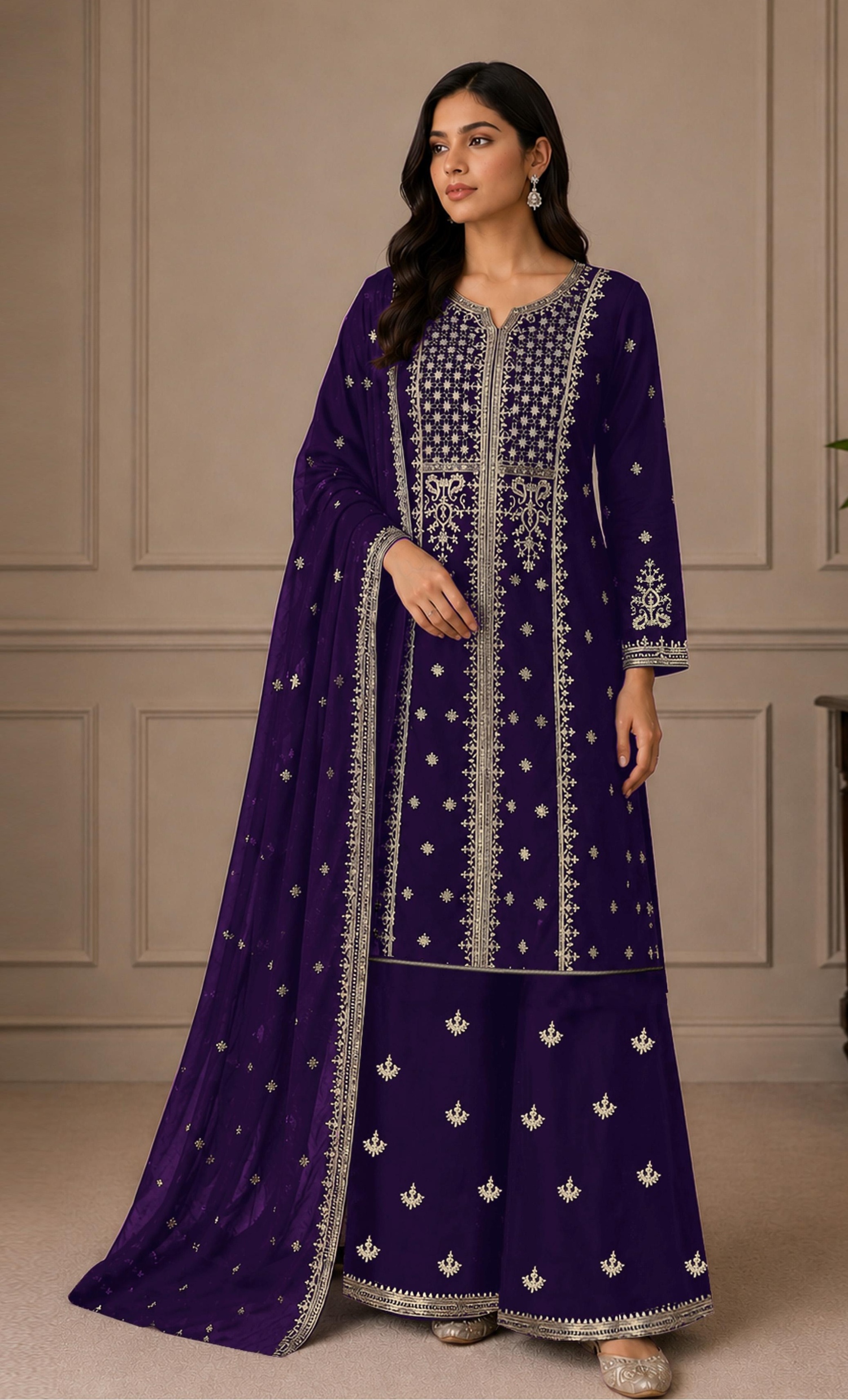 Blue Embroidered Georgette Palazzo Suit