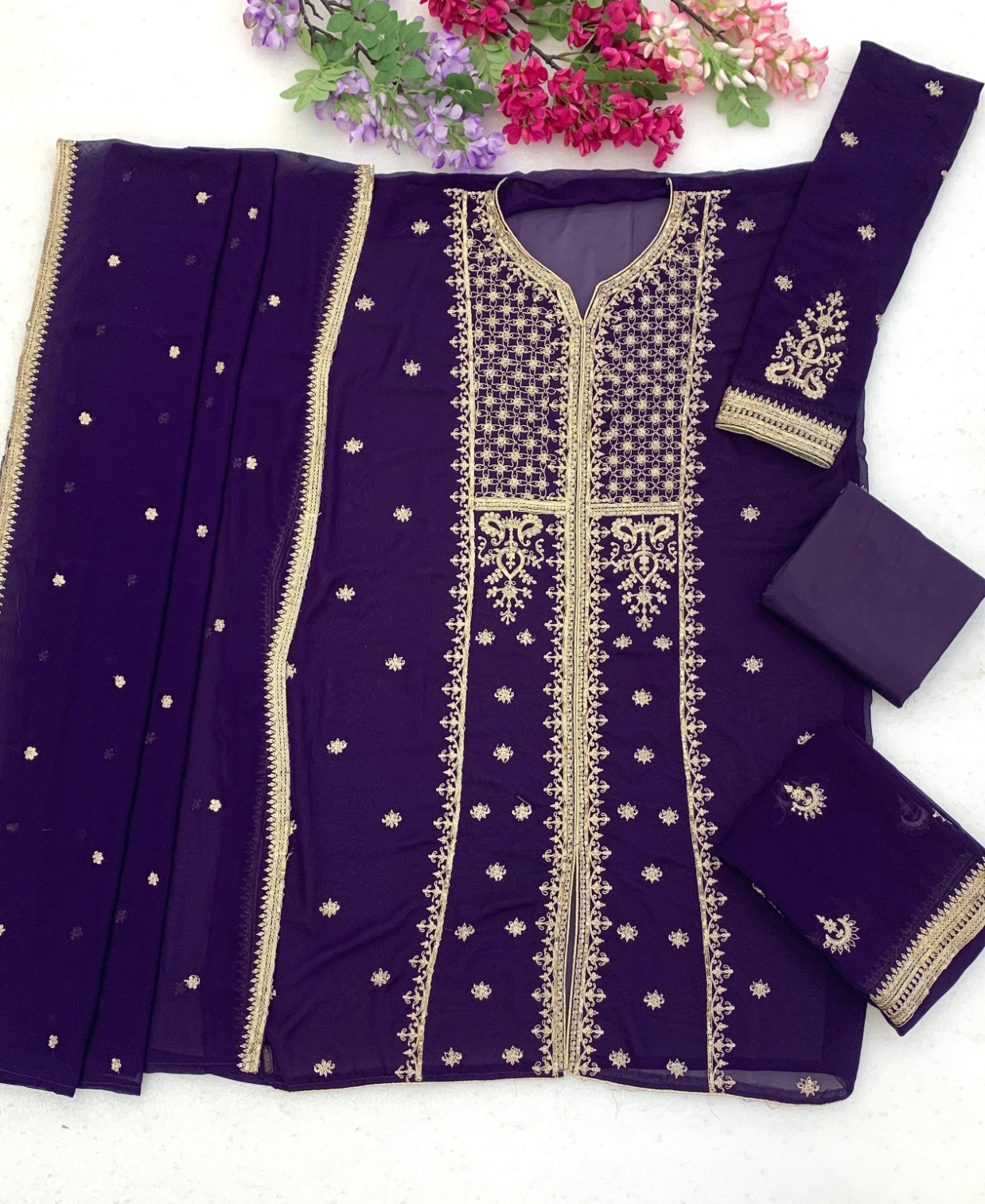 Blue Embroidered Georgette Palazzo Suit