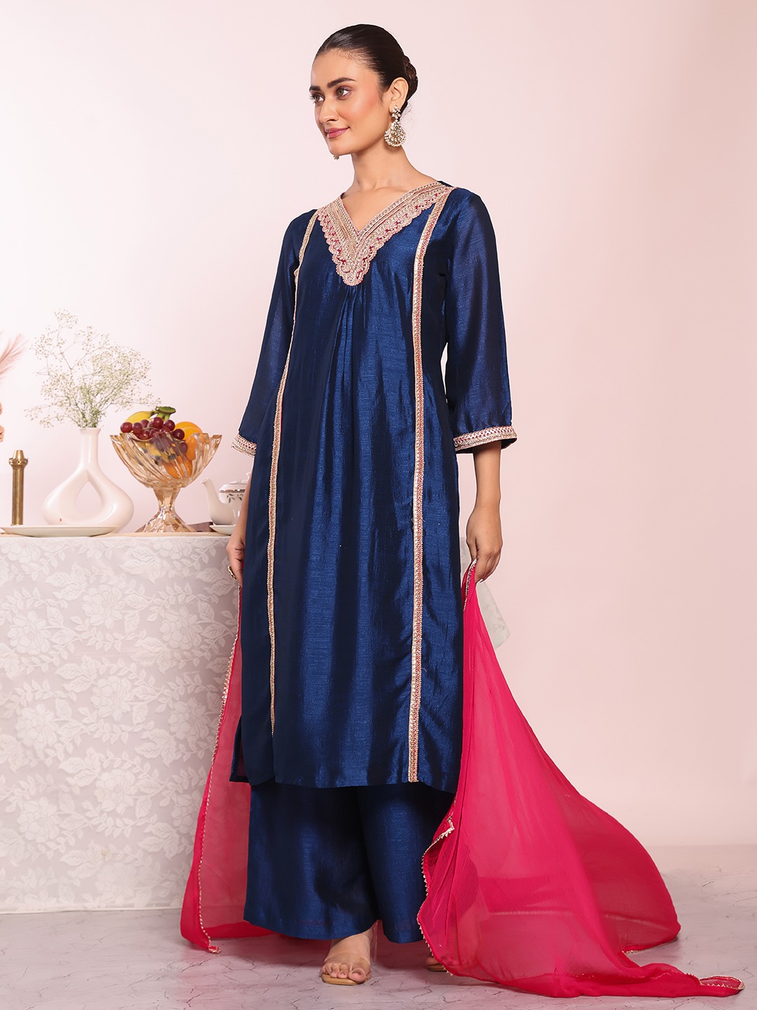Blue Embroidered Poly Silk Salwar