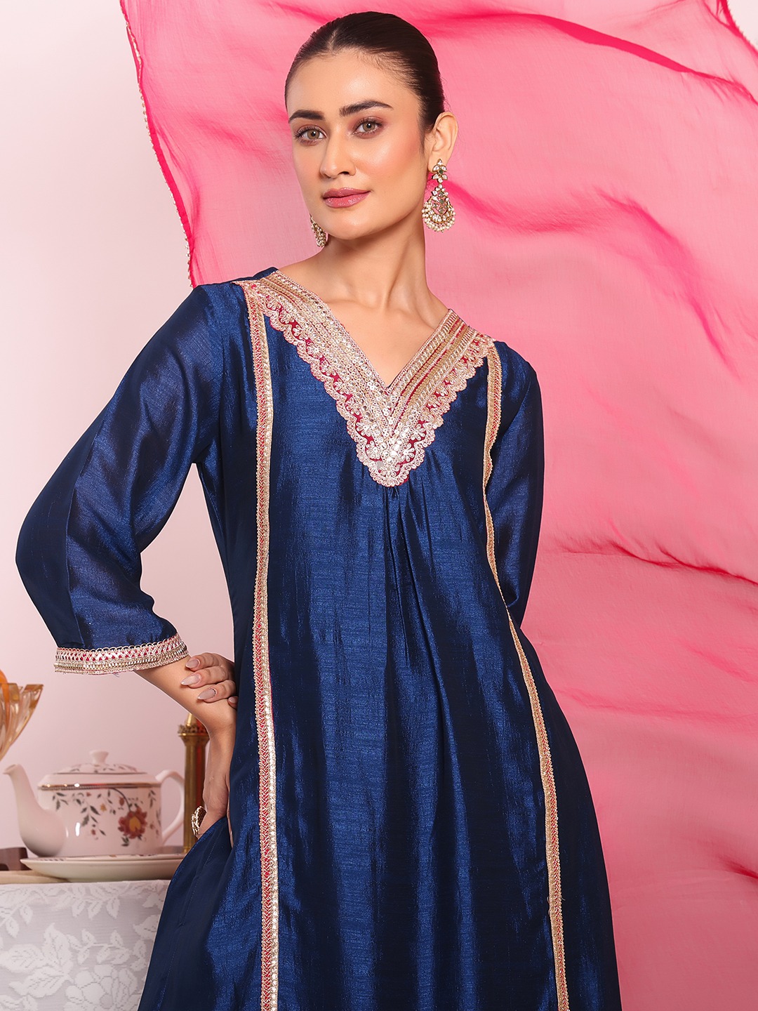 Blue Embroidered Poly Silk Salwar