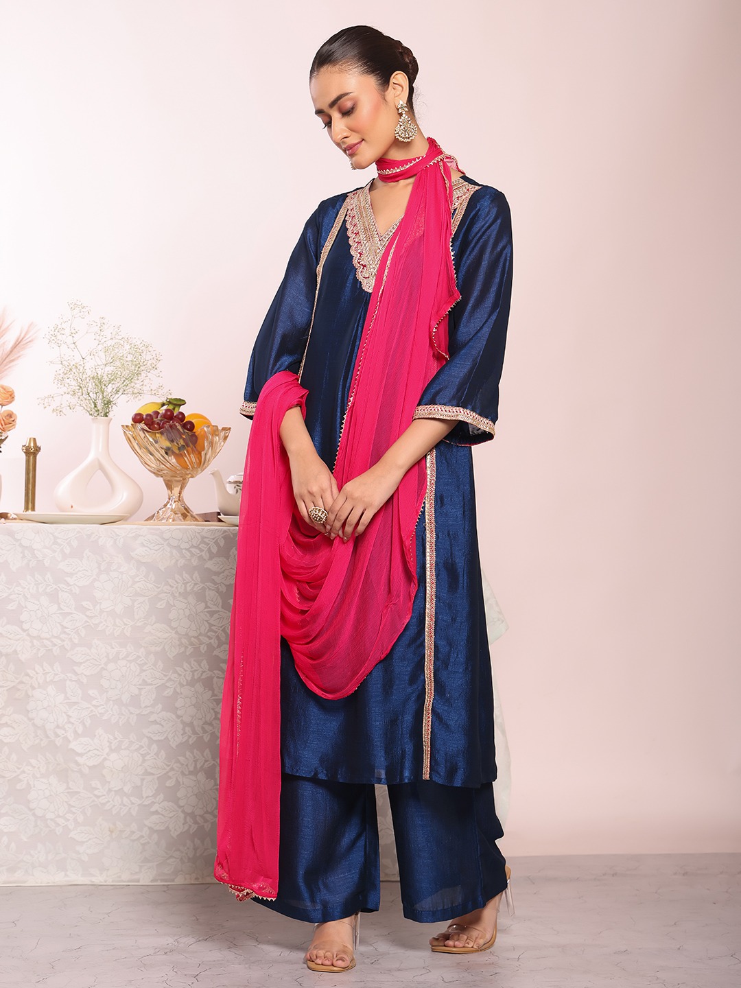 Blue Embroidered Poly Silk Salwar