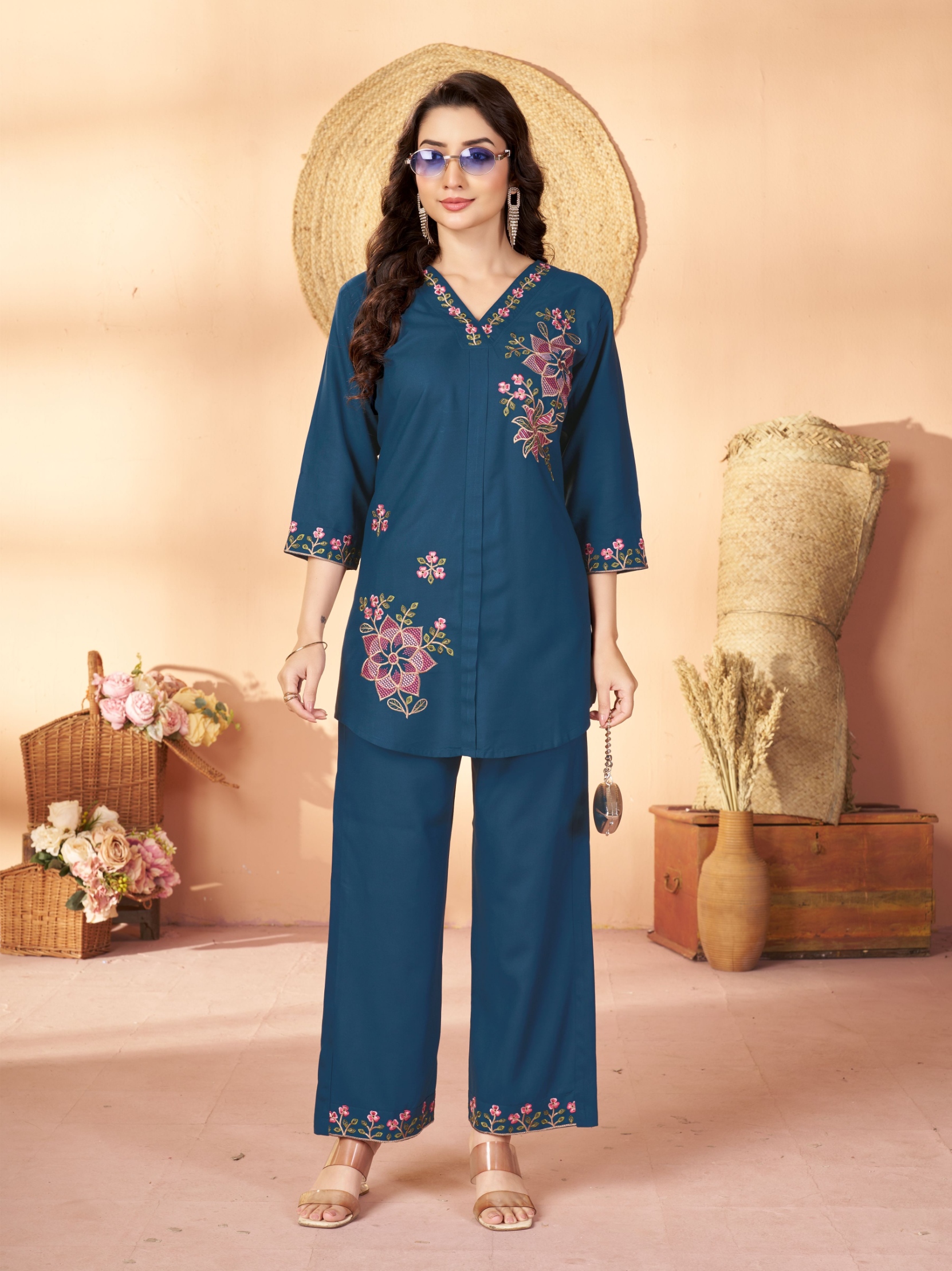 Blue Embroidered Rayon Co-Ord Set