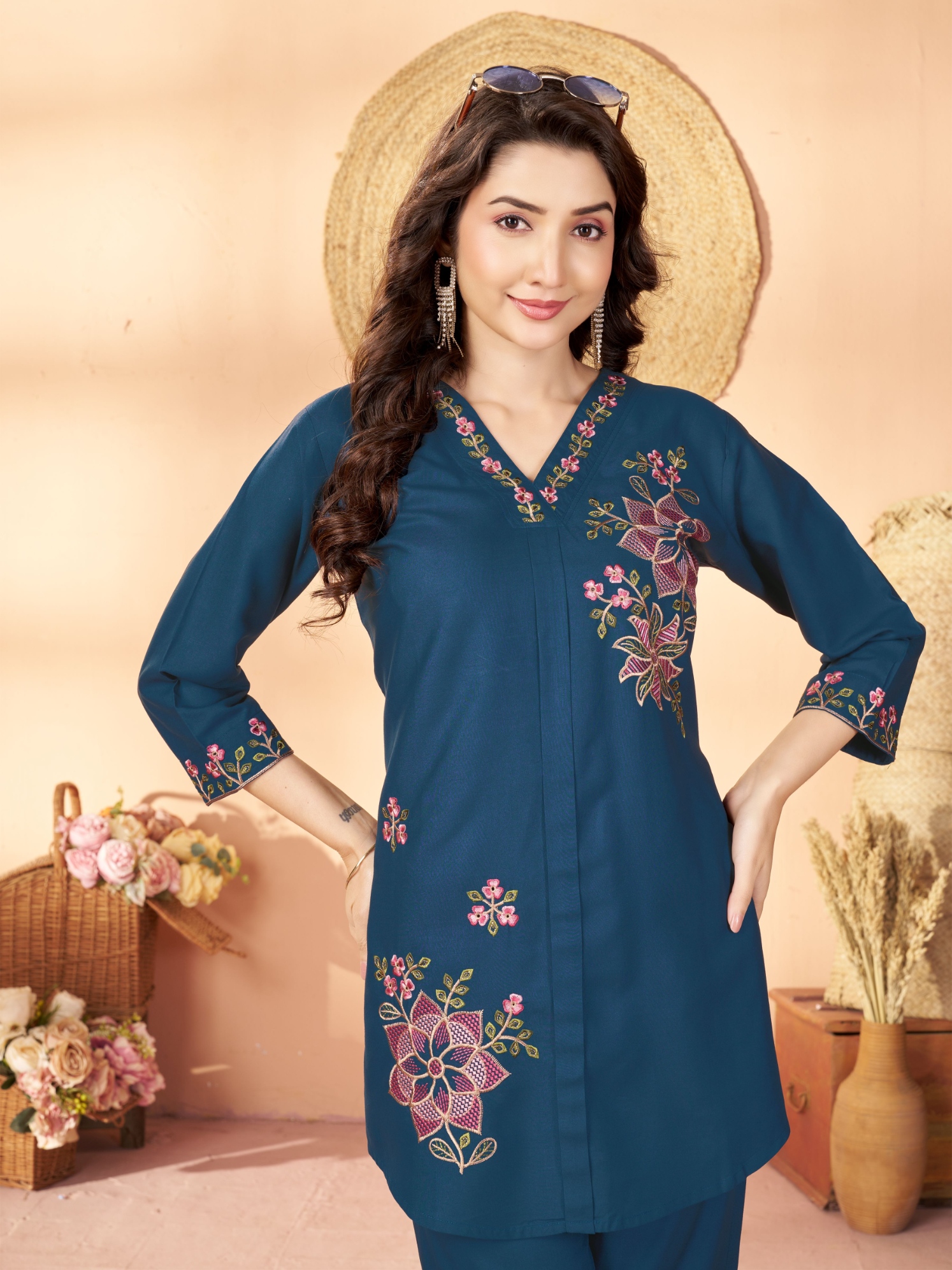 Blue Embroidered Rayon Co-Ord Set