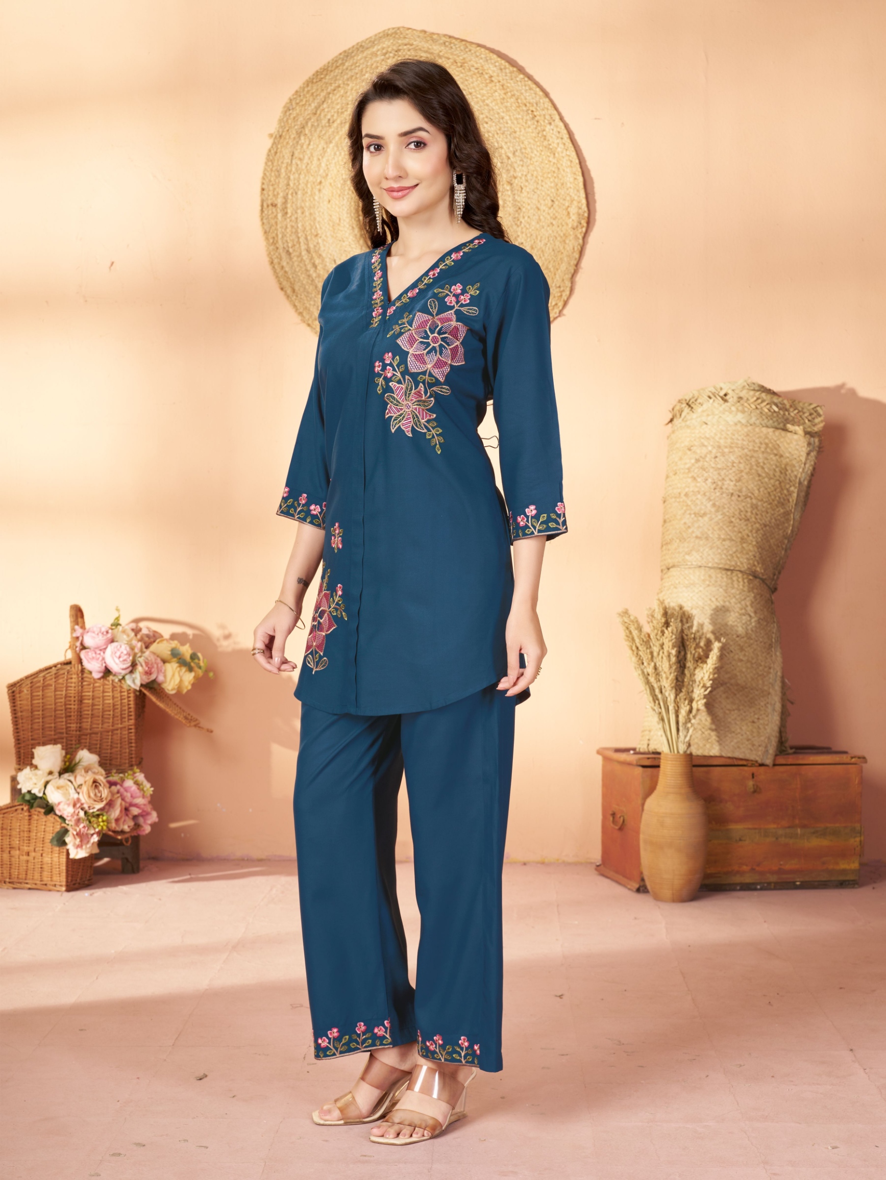 Blue Embroidered Rayon Co-Ord Set