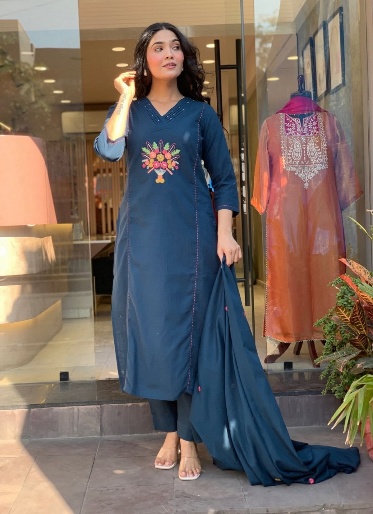 Blue Embroidered Rayon Slub Straight Kurta Set