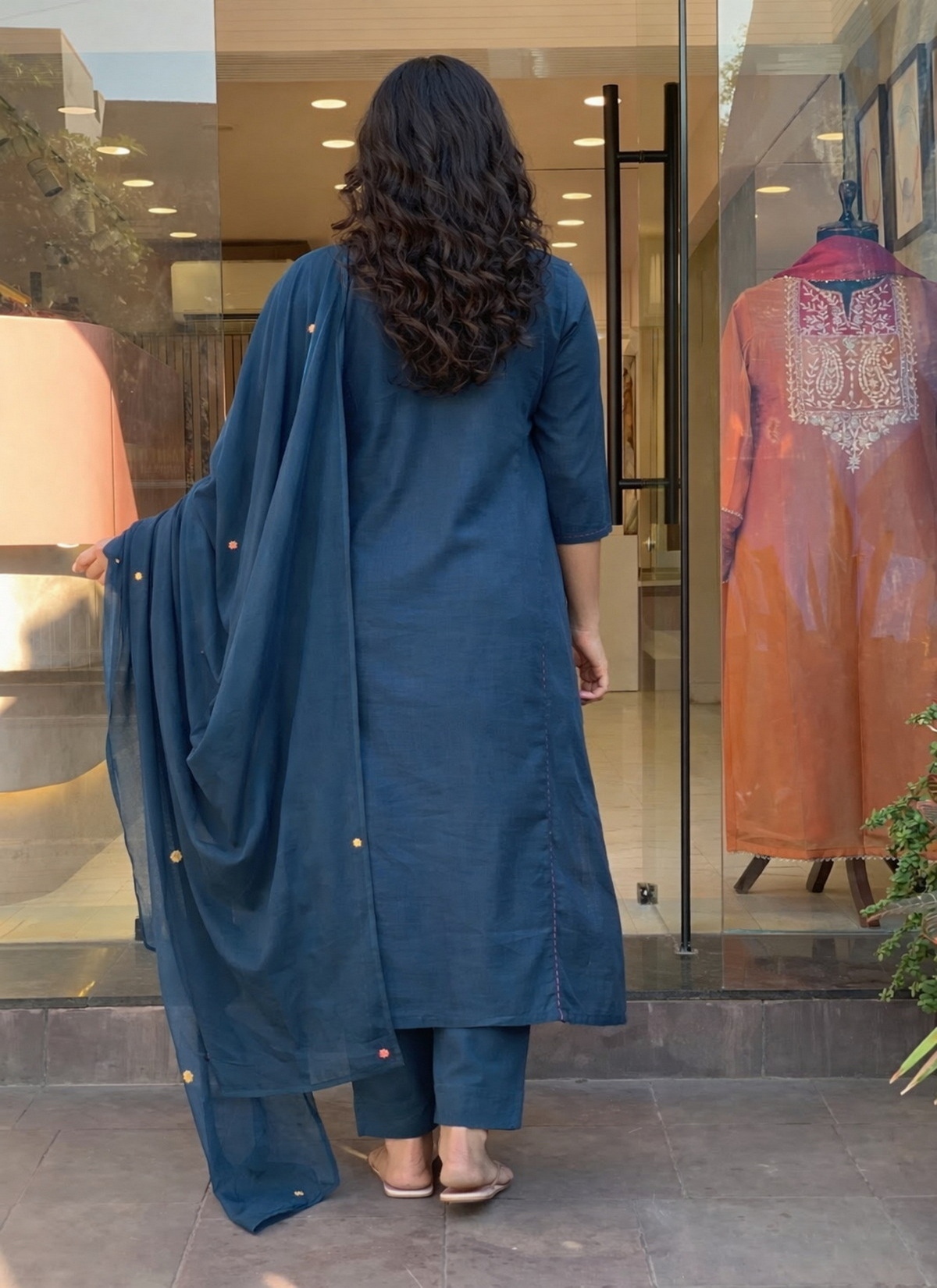 Blue Embroidered Rayon Slub Straight Kurta Set — alternate view