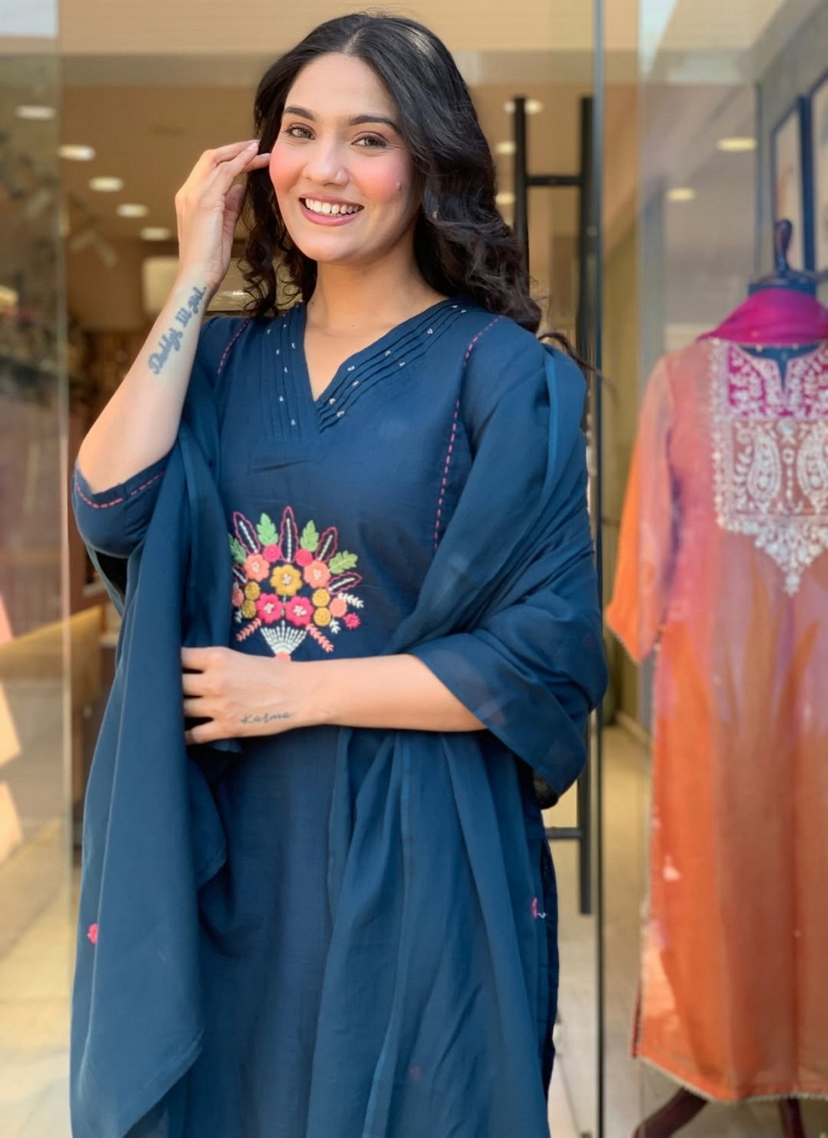 Blue Embroidered Rayon Slub Straight Kurta Set