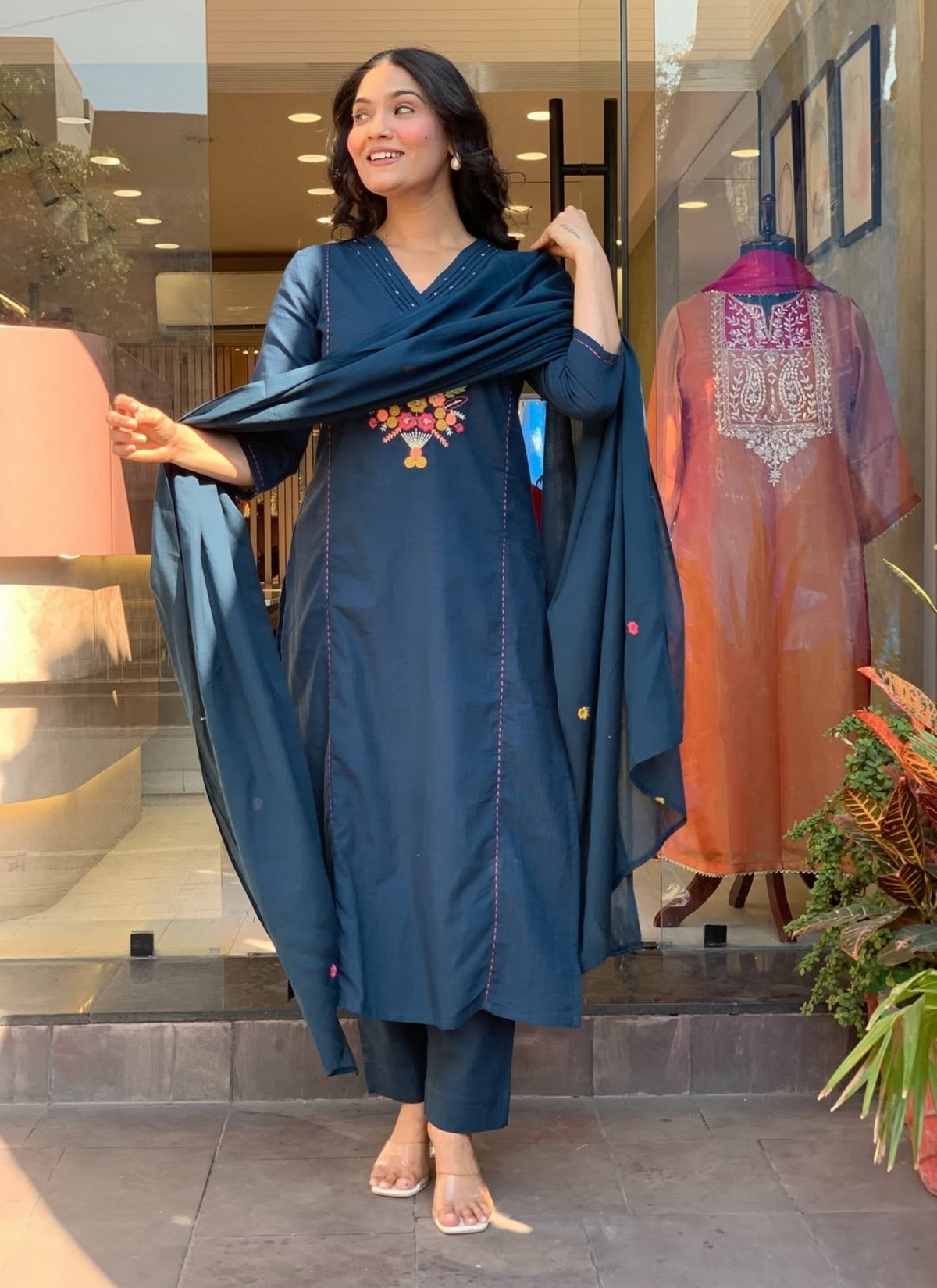 Blue Embroidered Rayon Slub Straight Kurta Set