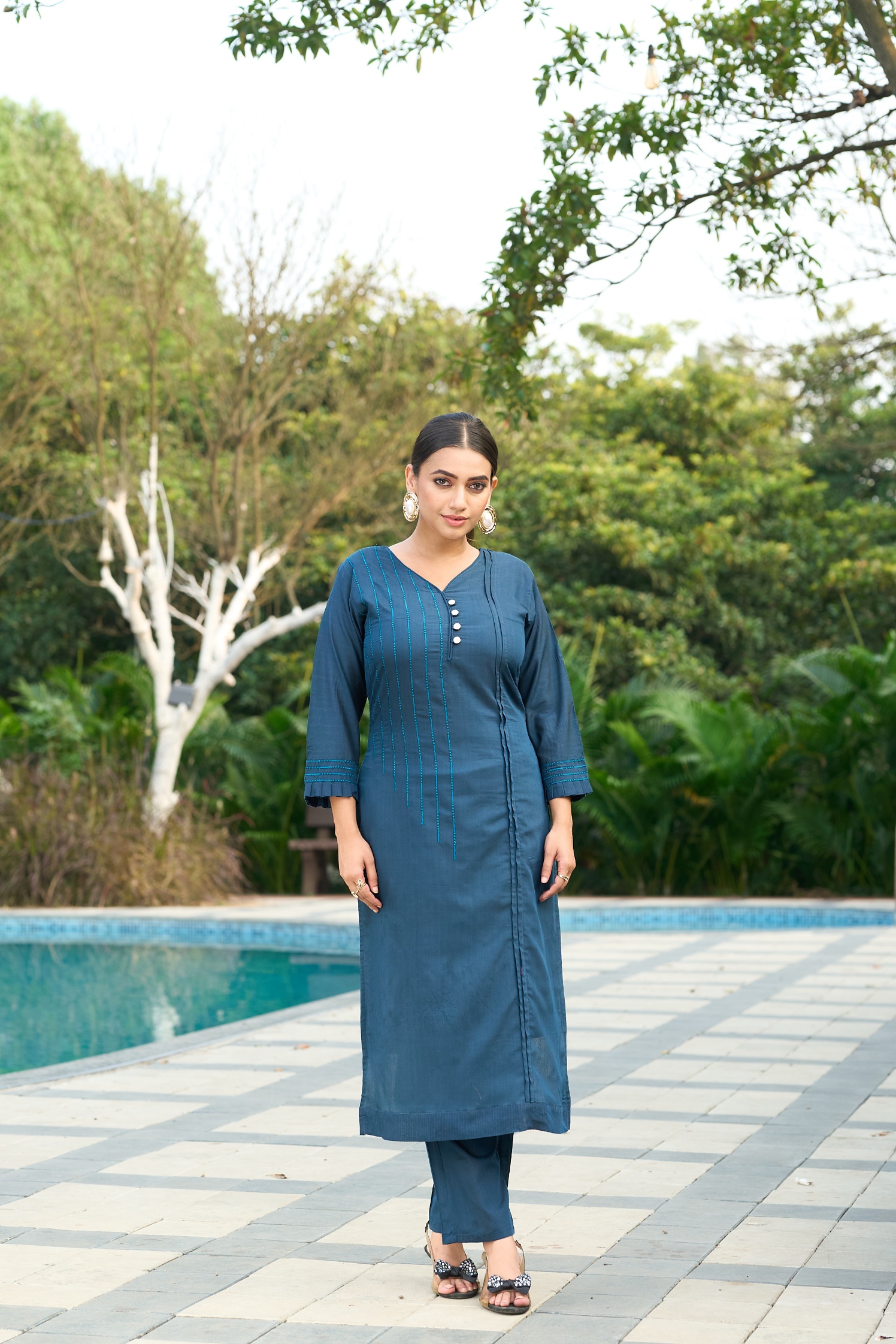 Blue Embroidered Roma Silk Kurta Set