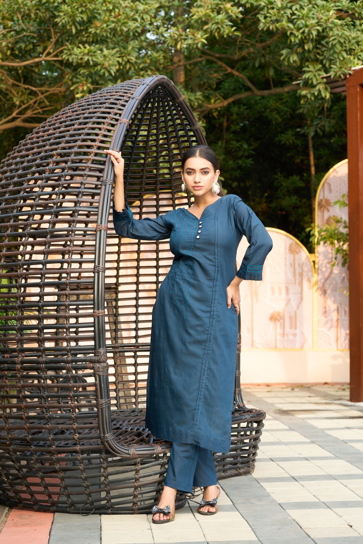 Blue Embroidered Roma Silk Kurta Set