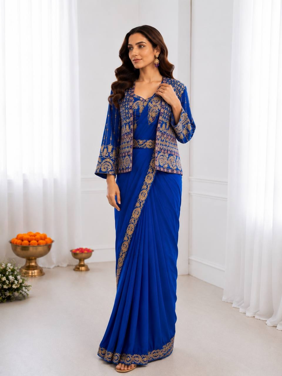 Blue Embroidered Sequence Cording Jacket Saree