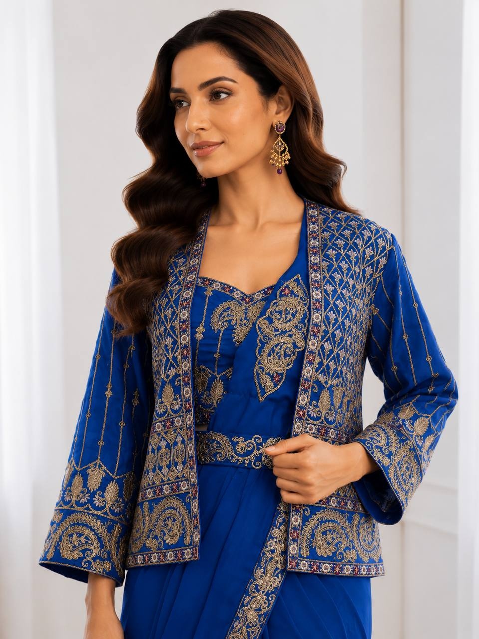 Blue Embroidered Sequence Cording Jacket Saree — alternate view