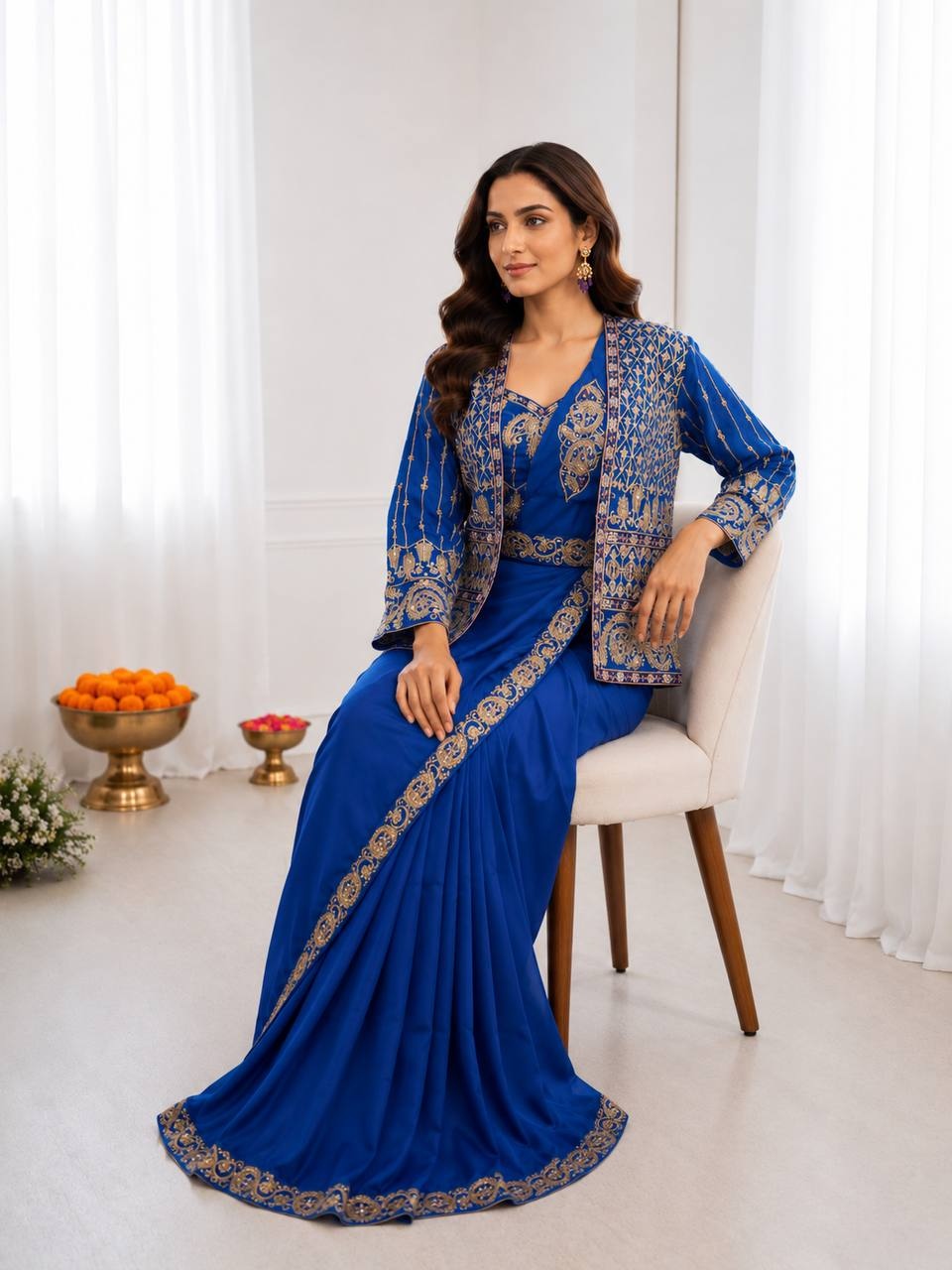 Blue Embroidered Sequence Cording Jacket Saree