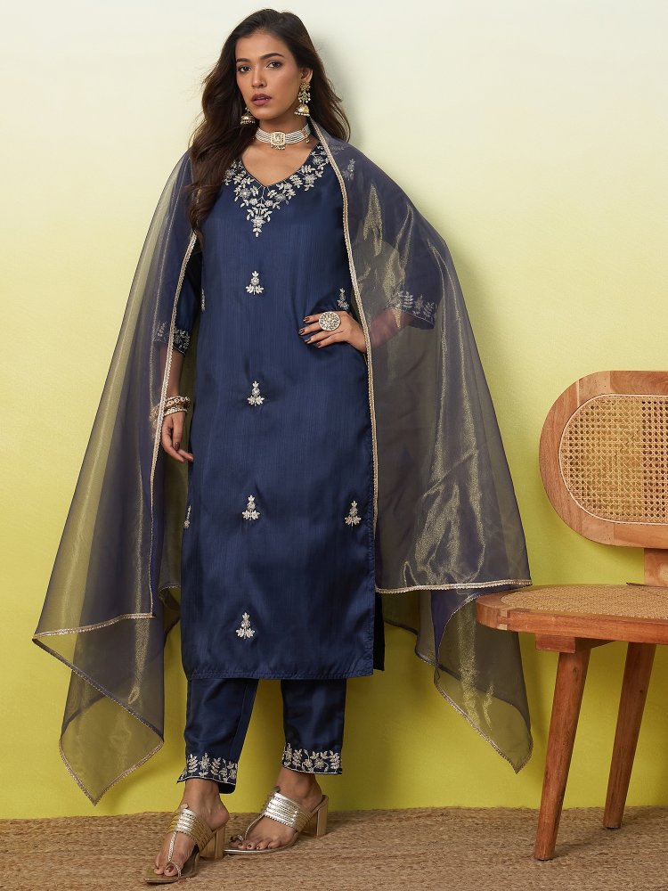 Blue Embroidered Silk Blend Straight Suit