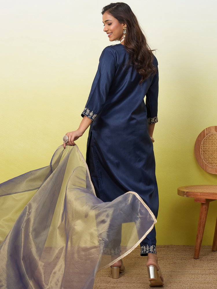Blue Embroidered Silk Blend Straight Suit — alternate view