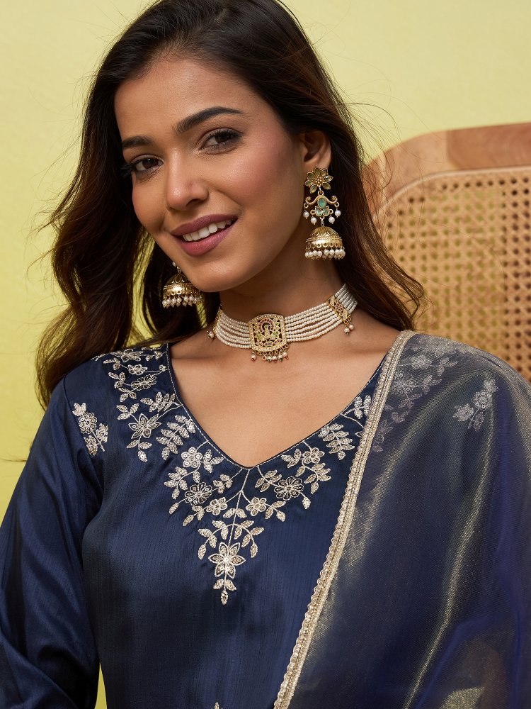 Blue Embroidered Silk Blend Straight Suit