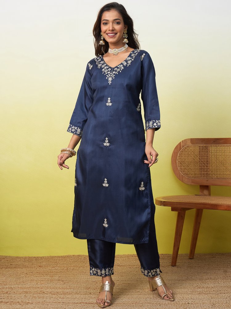Blue Embroidered Silk Blend Straight Suit