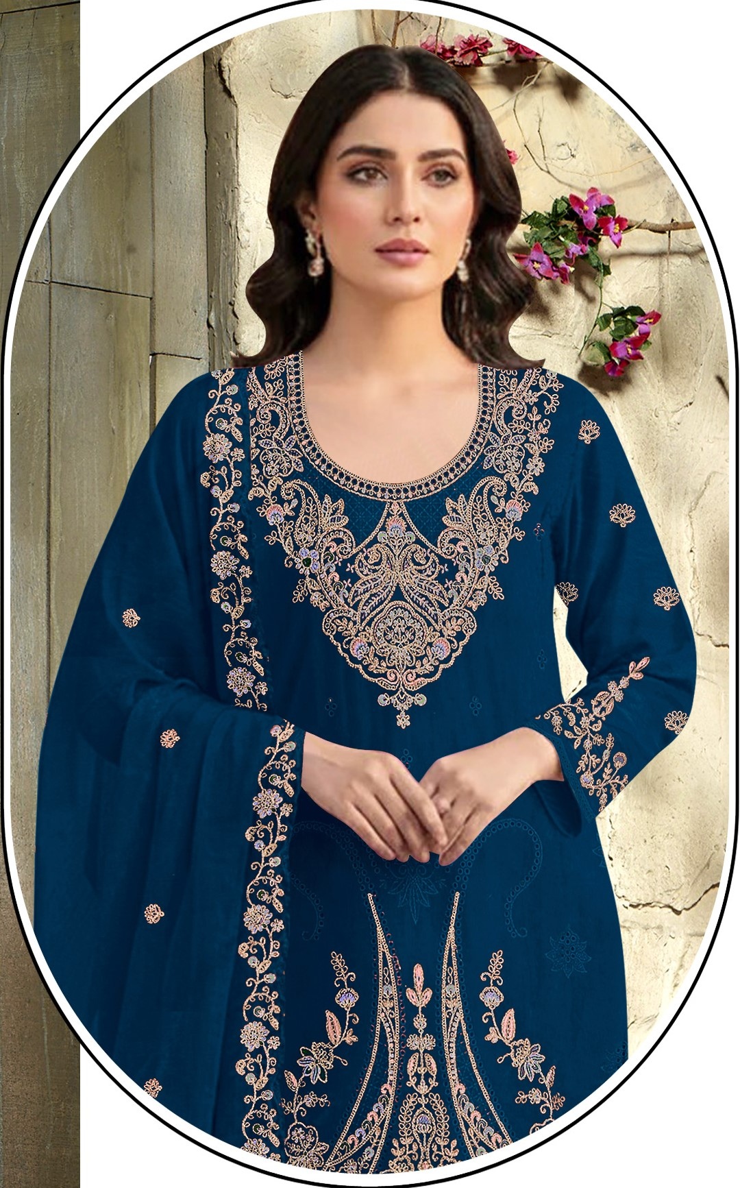 Blue Embroidered Velvet Straight Suit — alternate view