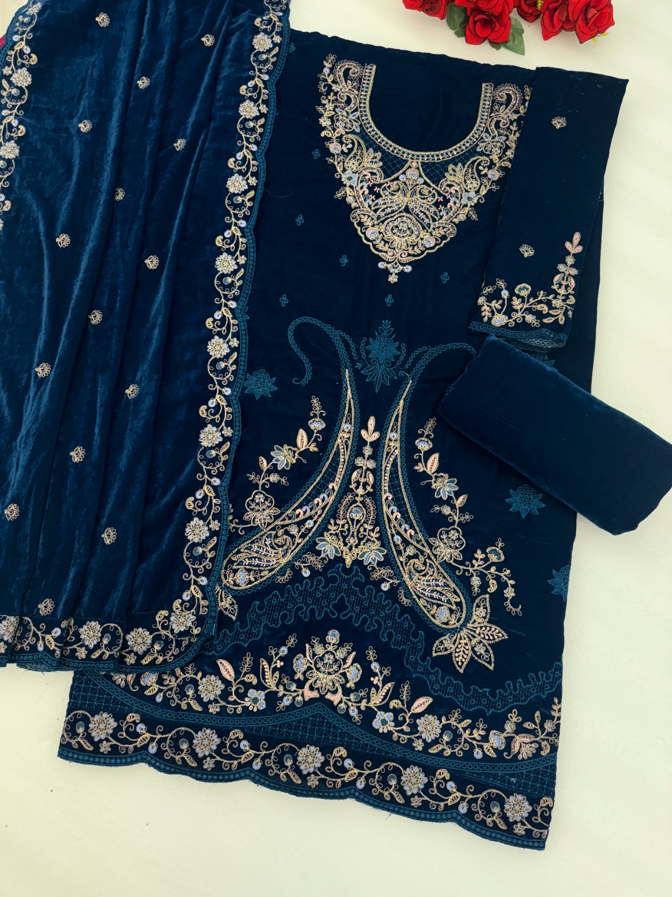 Blue Embroidered Velvet Straight Suit