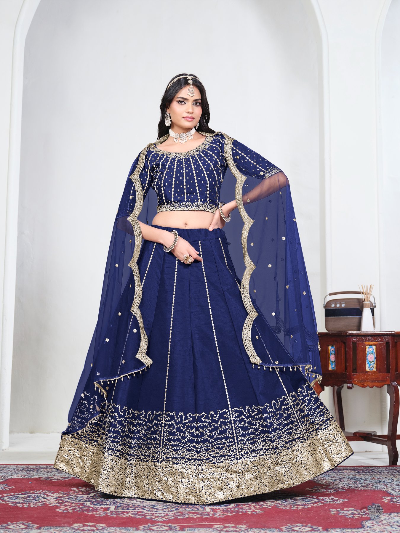 Blue Embroidery Art Silk Bridal Lehenga