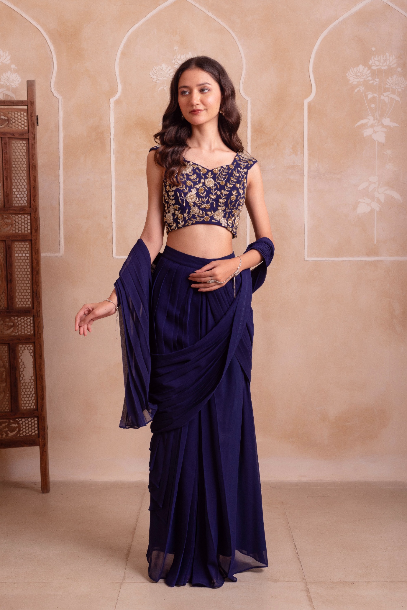 Blue Embroidery Work Georgette Ready To Wear Saree