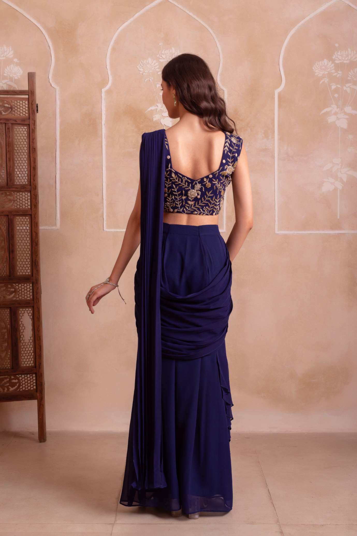 Blue Embroidery Work Georgette Ready To Wear Saree — alternate view