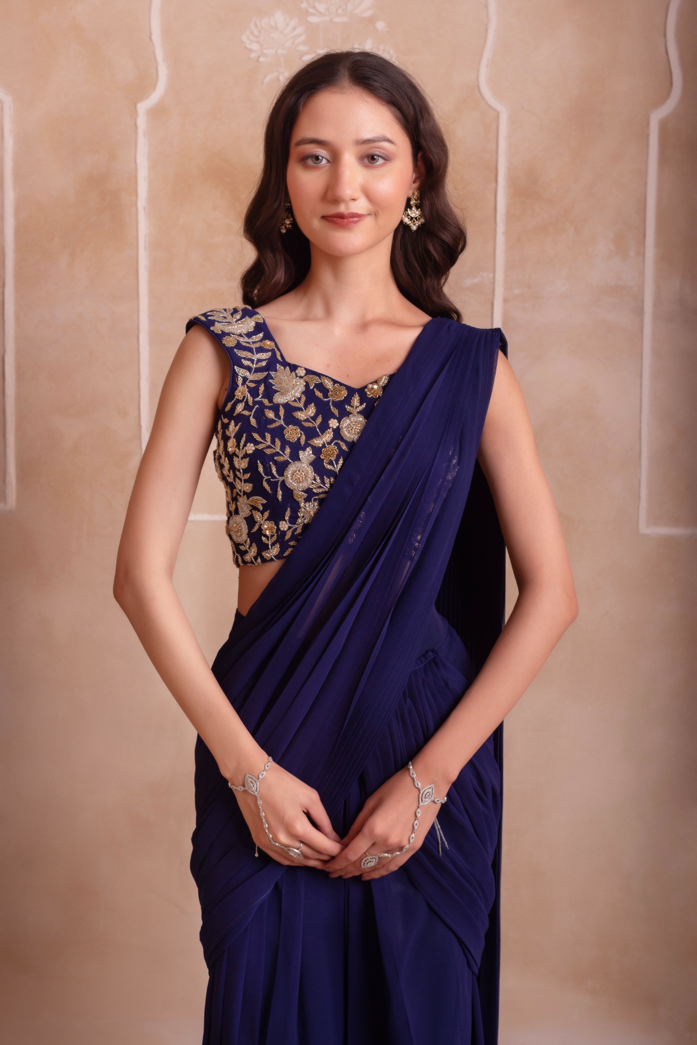 Blue Embroidery Work Georgette Ready To Wear Saree