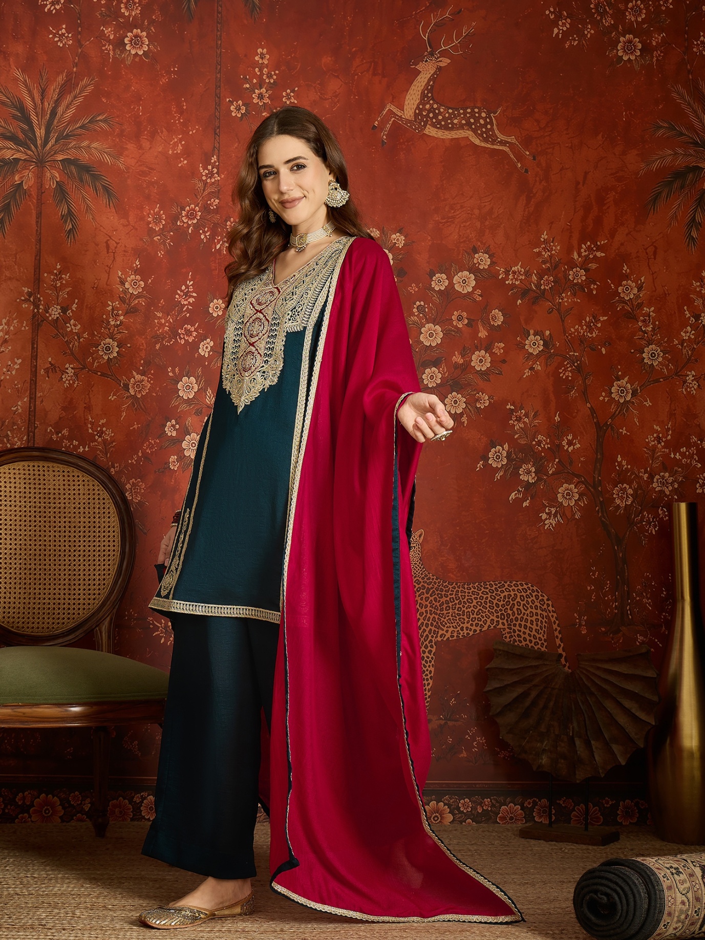 Blue Embroidery Work Vichitra Palazzo Suit