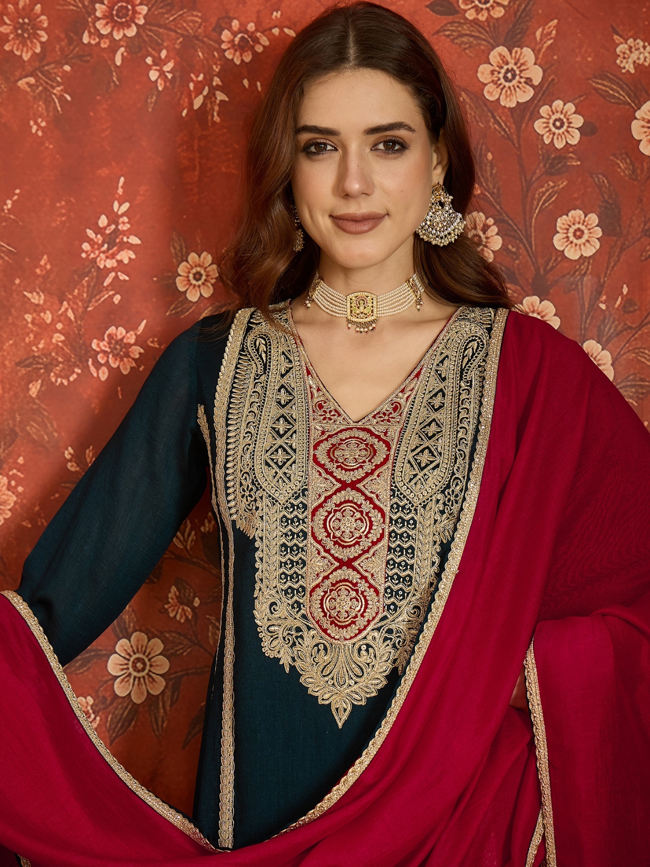 Blue Embroidery Work Vichitra Palazzo Suit