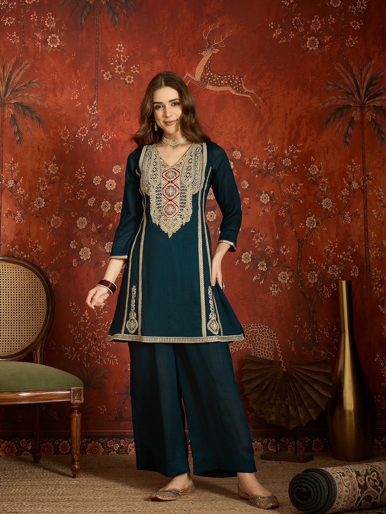 Blue Embroidery Work Vichitra Palazzo Suit