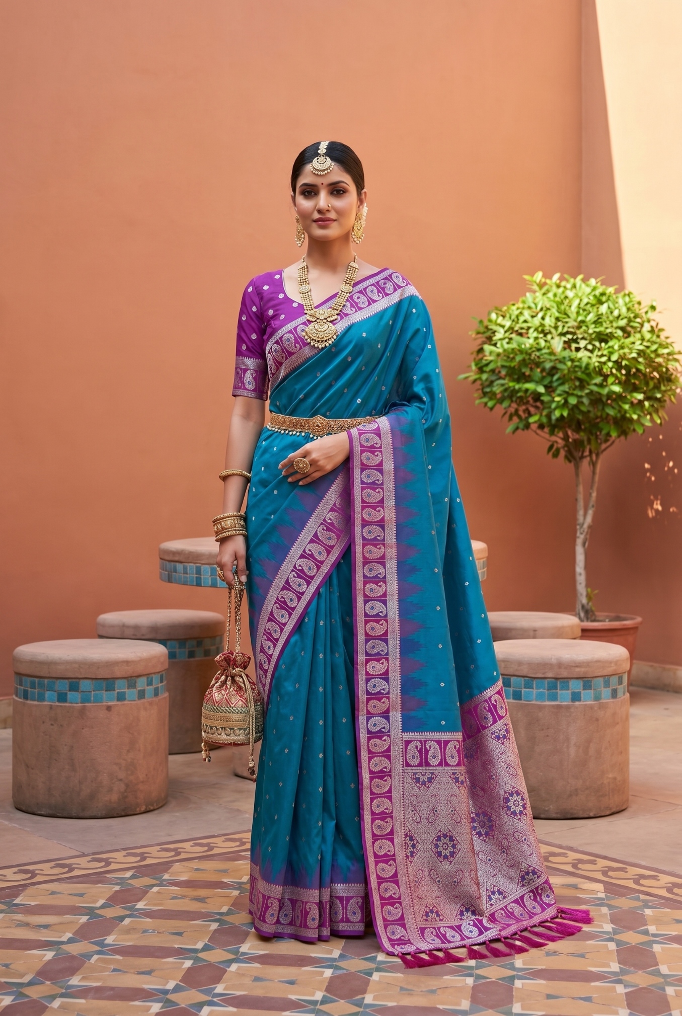 Blue Ethnic Motif Woven Soft Silk Saree