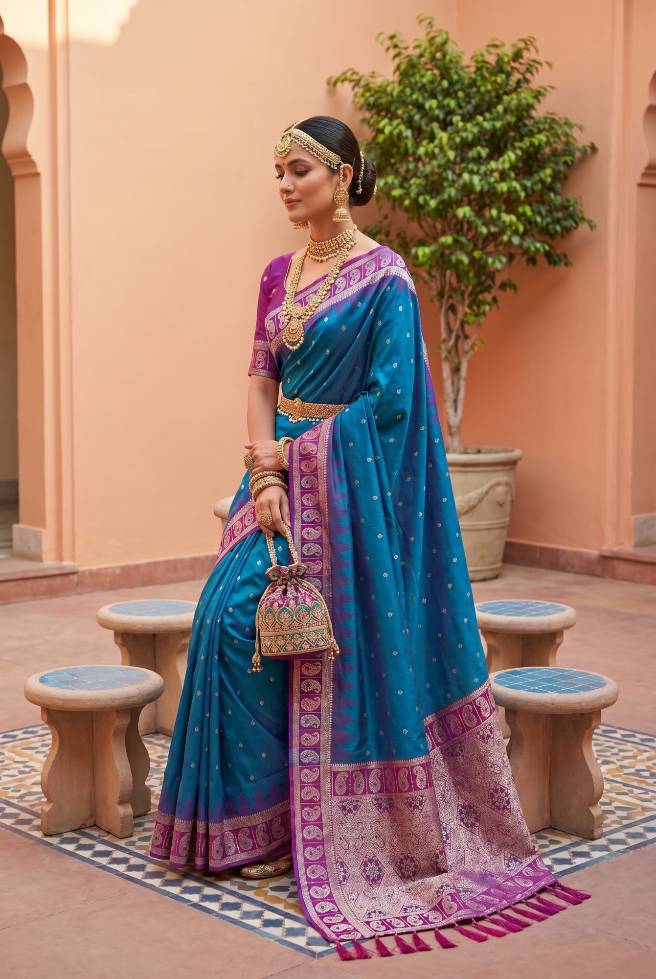 Blue Ethnic Motif Woven Soft Silk Saree — alternate view