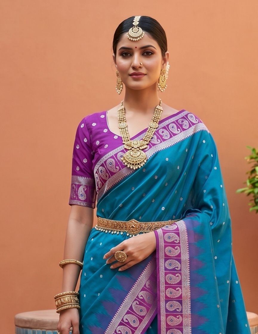 Blue Ethnic Motif Woven Soft Silk Saree