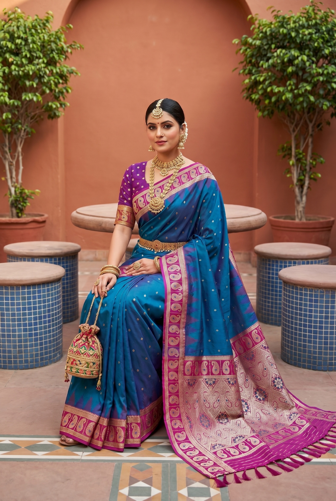 Blue Ethnic Motif Woven Soft Silk Saree