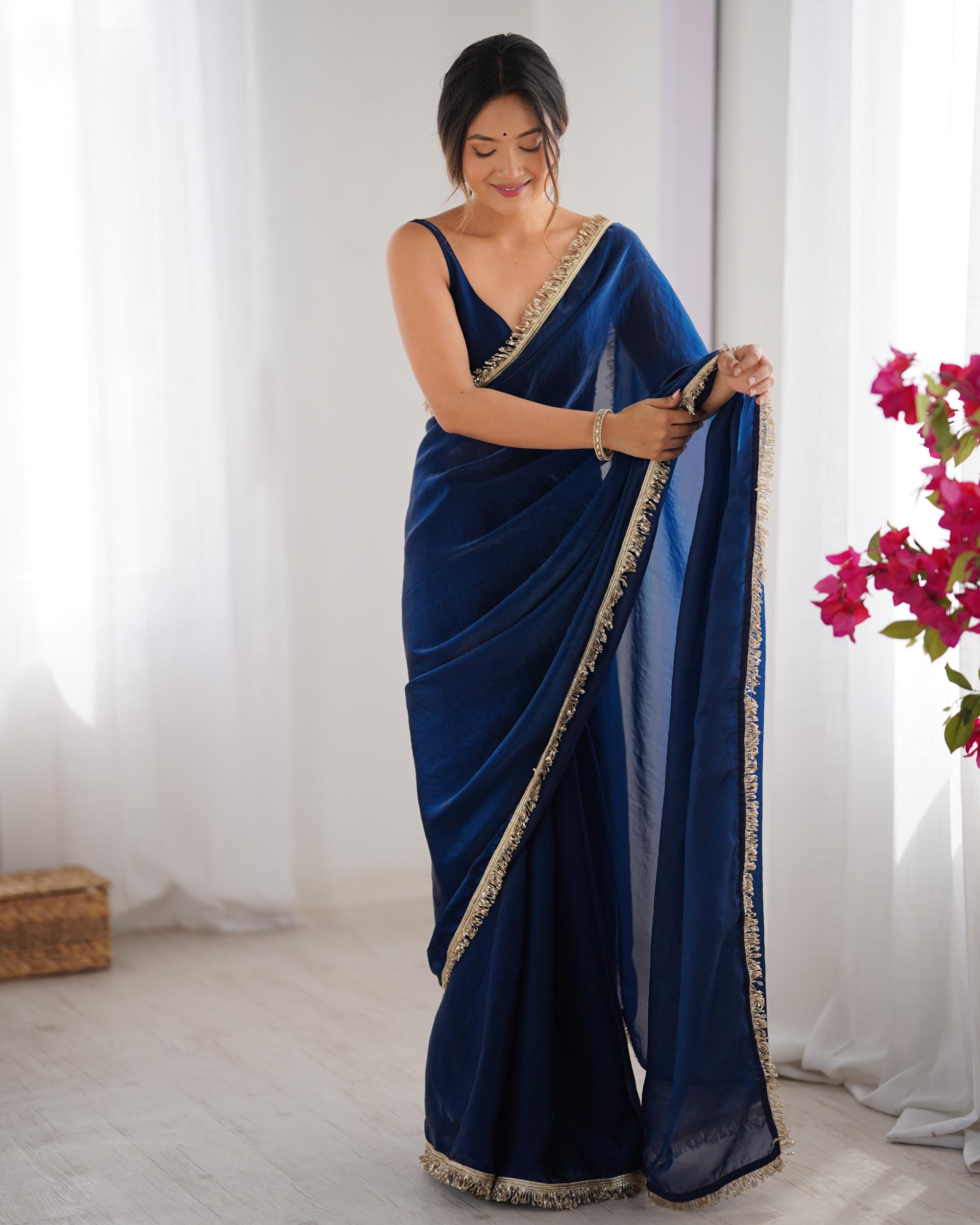 Blue Fendy Satin Lace Saree