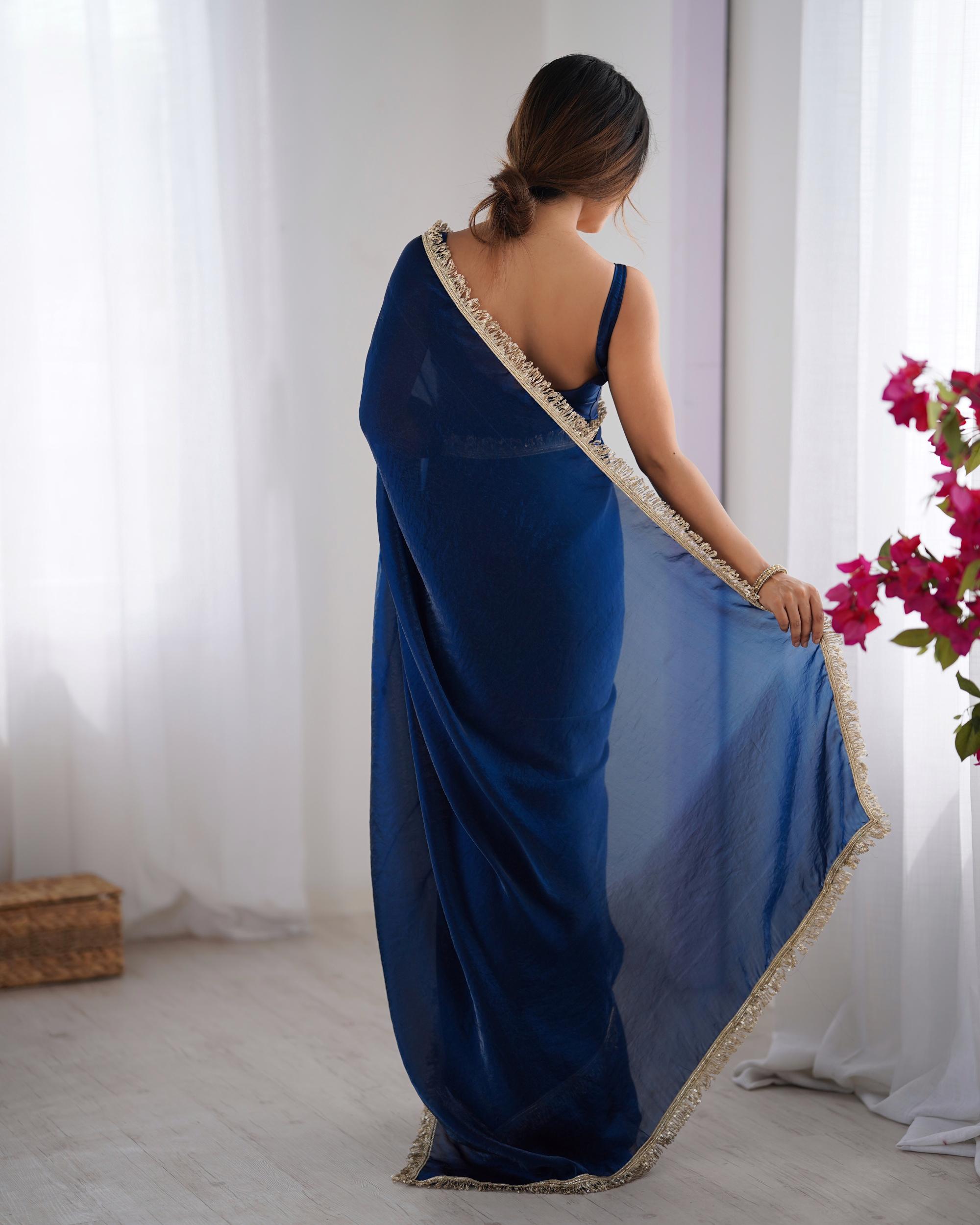 Blue Fendy Satin Lace Saree — alternate view