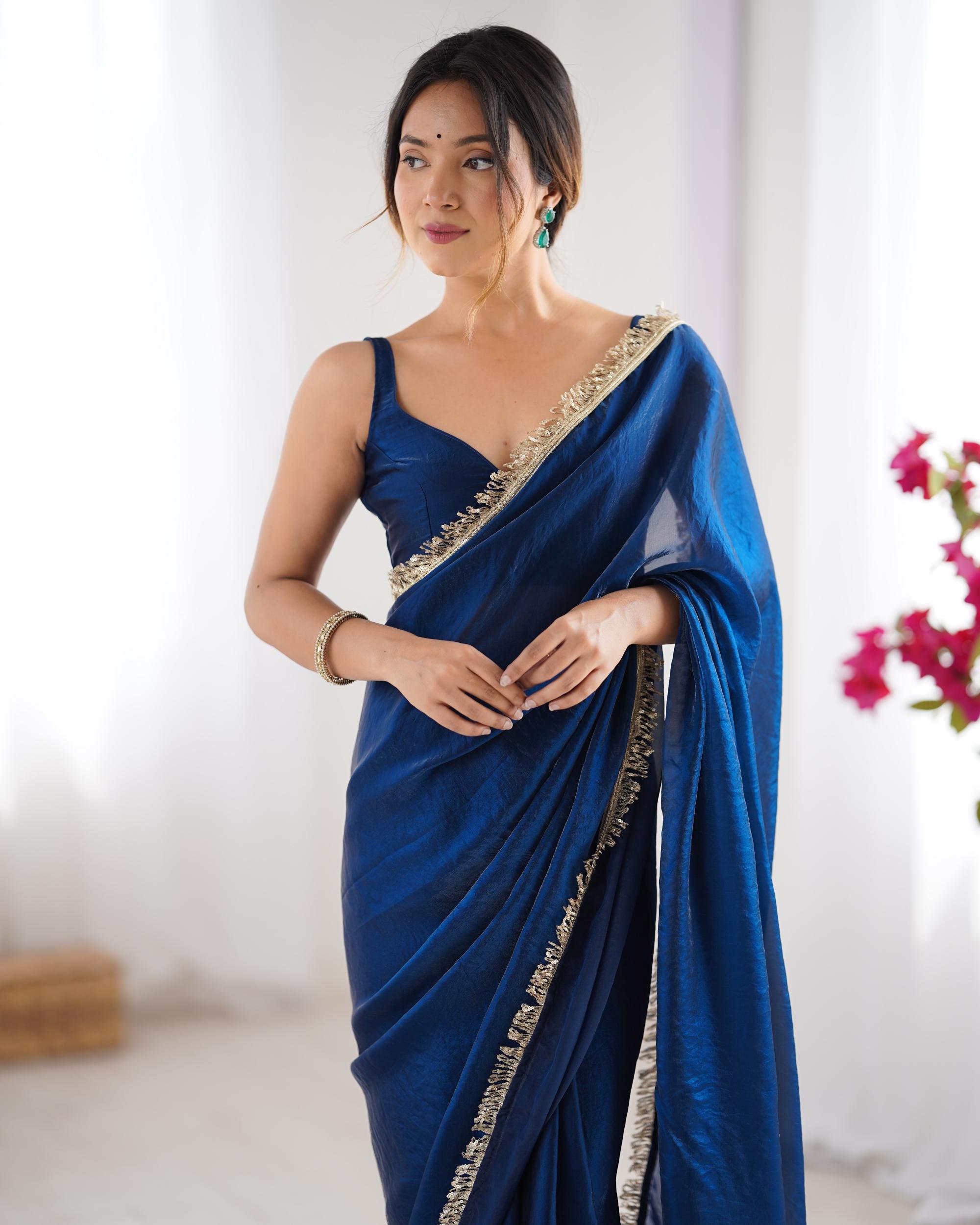 Blue Fendy Satin Lace Saree