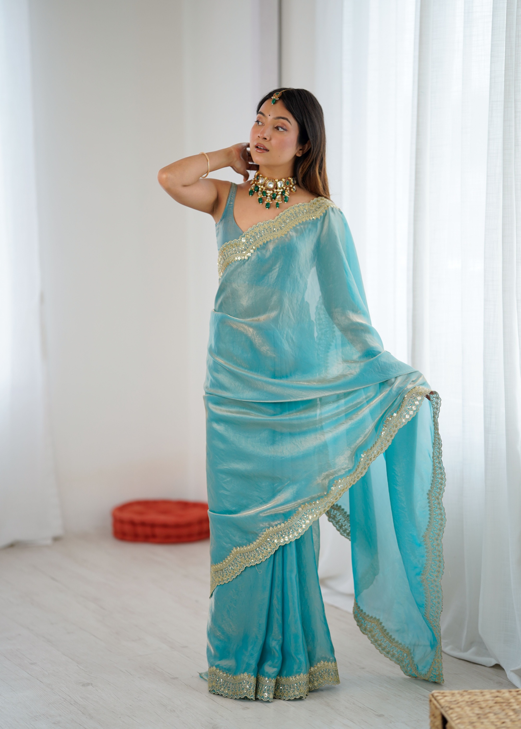 Blue Fendy Satin Silk Sequin Zari Embroidered Saree