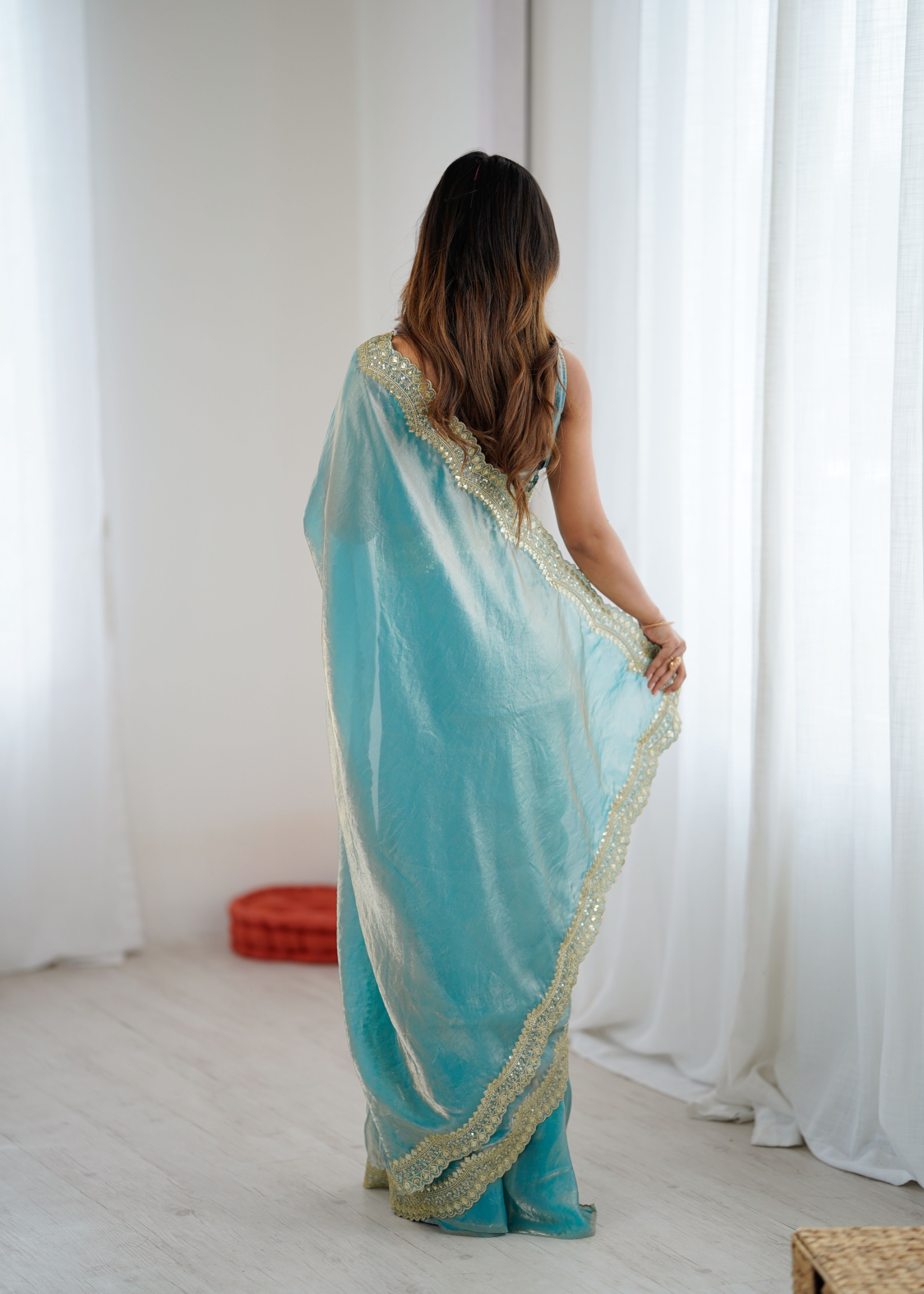 Blue Fendy Satin Silk Sequin Zari Embroidered Saree — alternate view