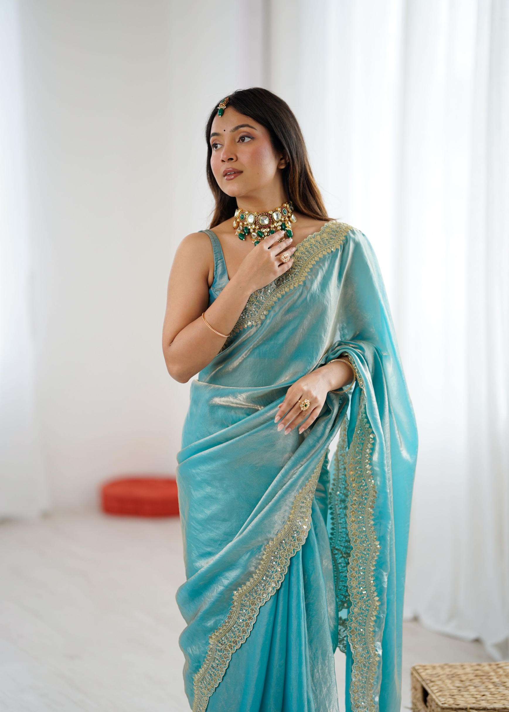 Blue Fendy Satin Silk Sequin Zari Embroidered Saree
