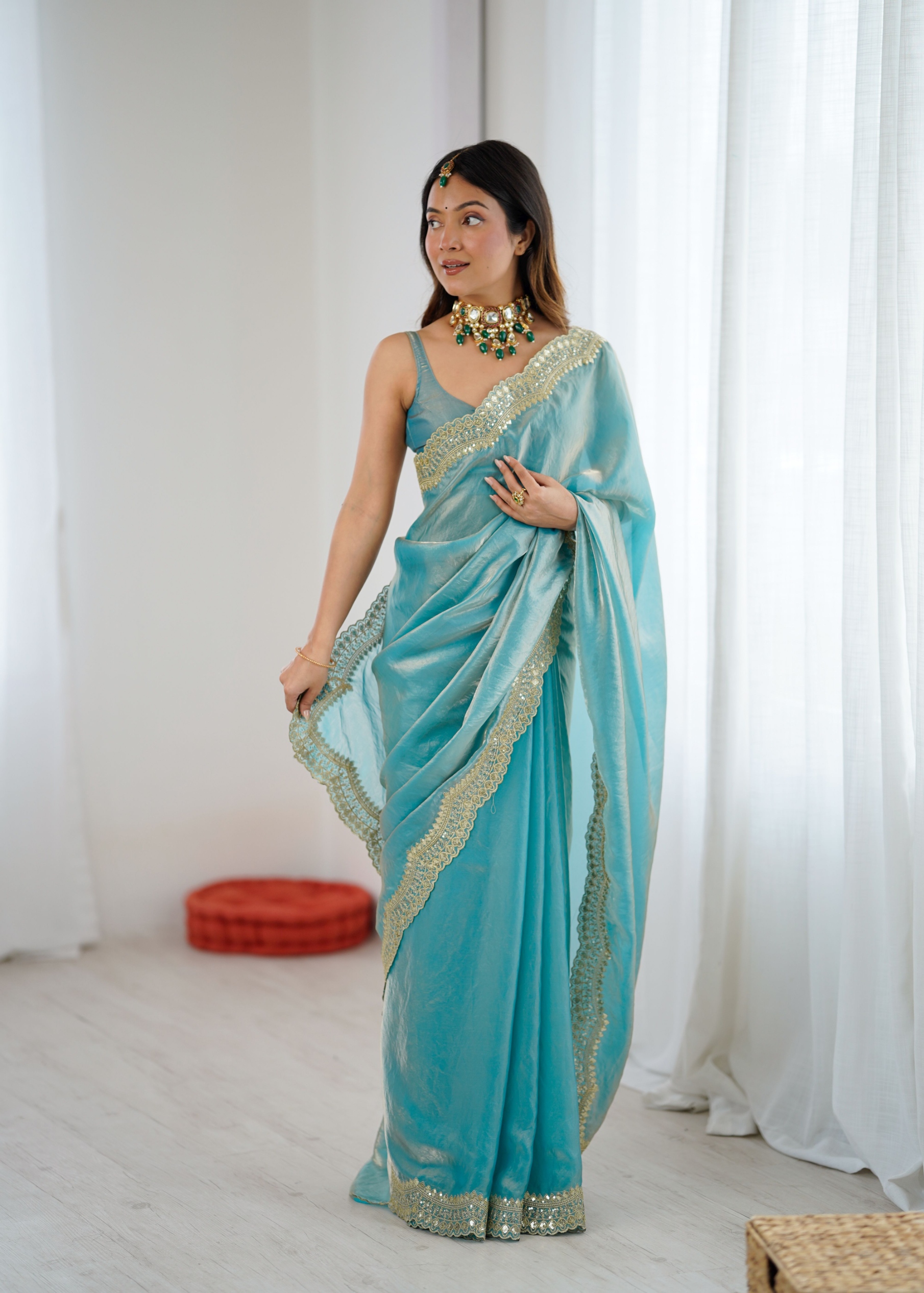 Blue Fendy Satin Silk Sequin Zari Embroidered Saree