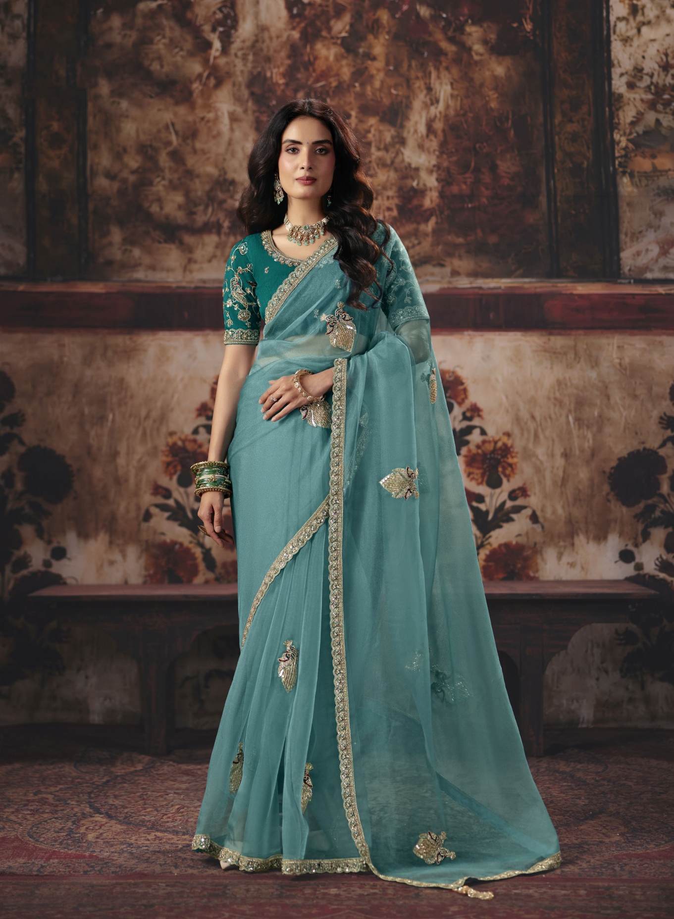 Blue Floral Bead Work Organza Saree