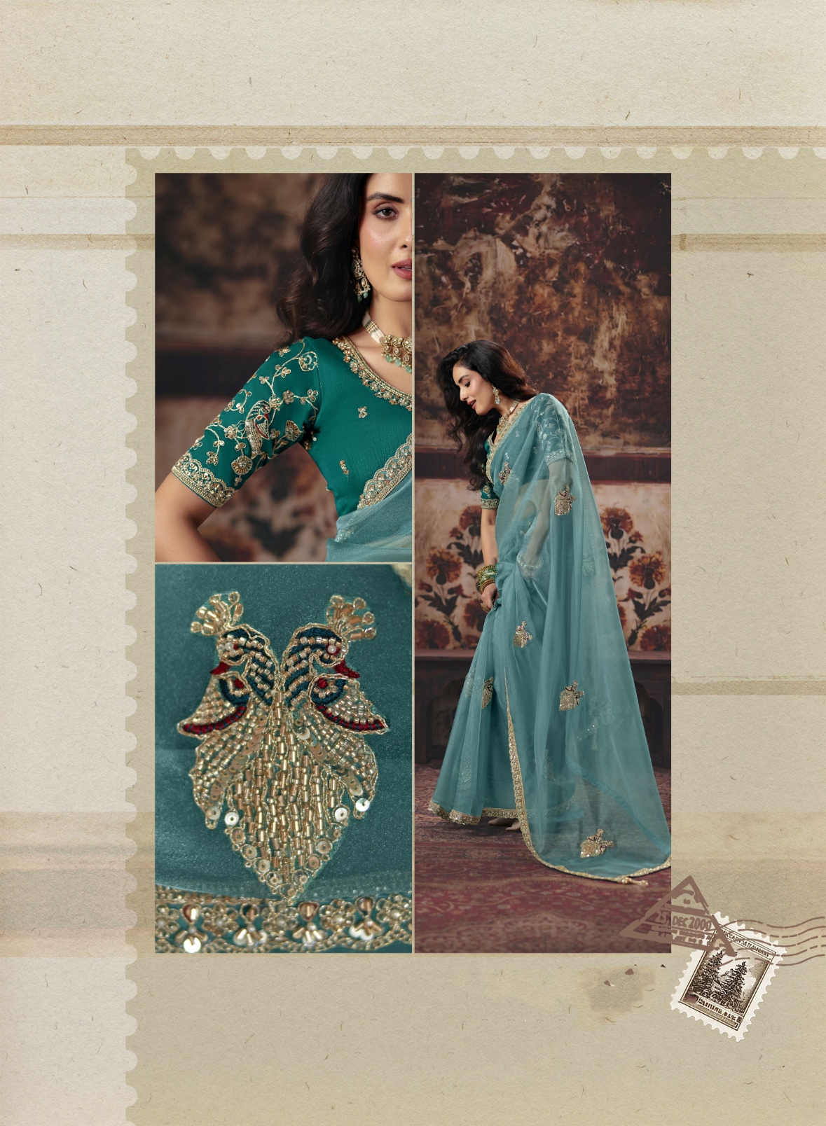 Blue Floral Bead Work Organza Saree