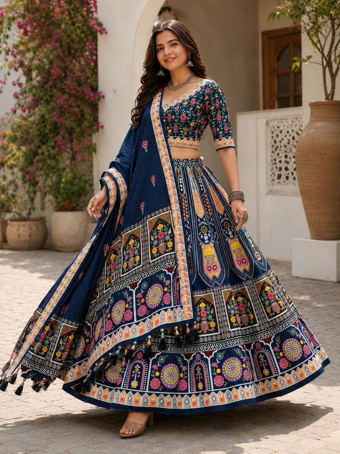 Blue Floral Designer Cotton Rayon Lehenga Choli
