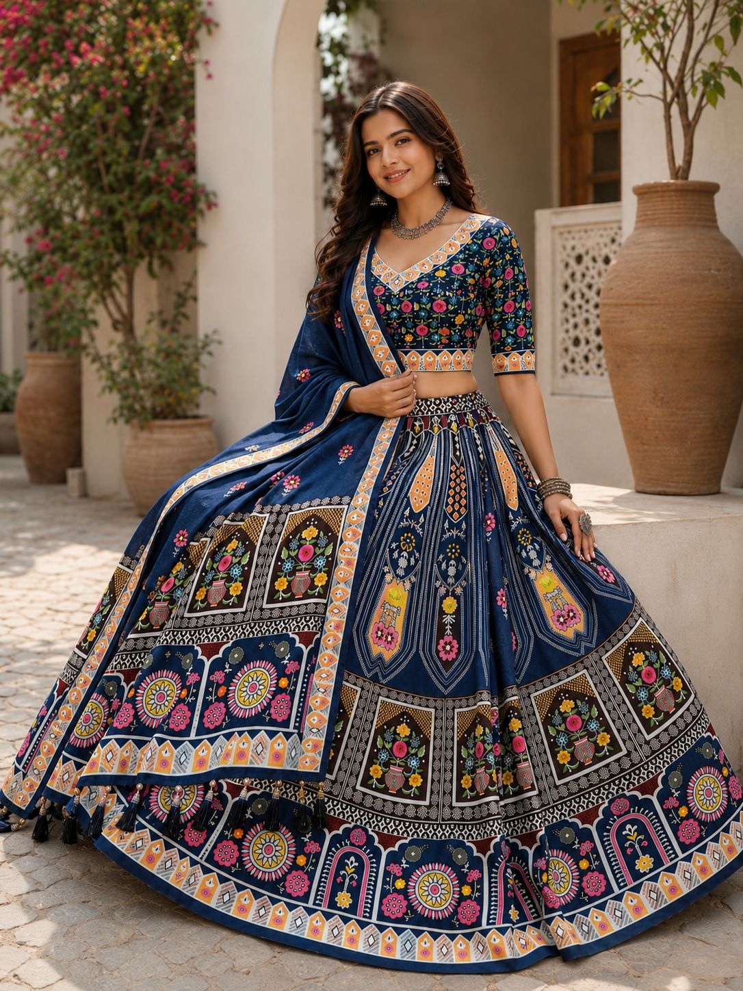 Blue Floral Designer Cotton Rayon Lehenga Choli