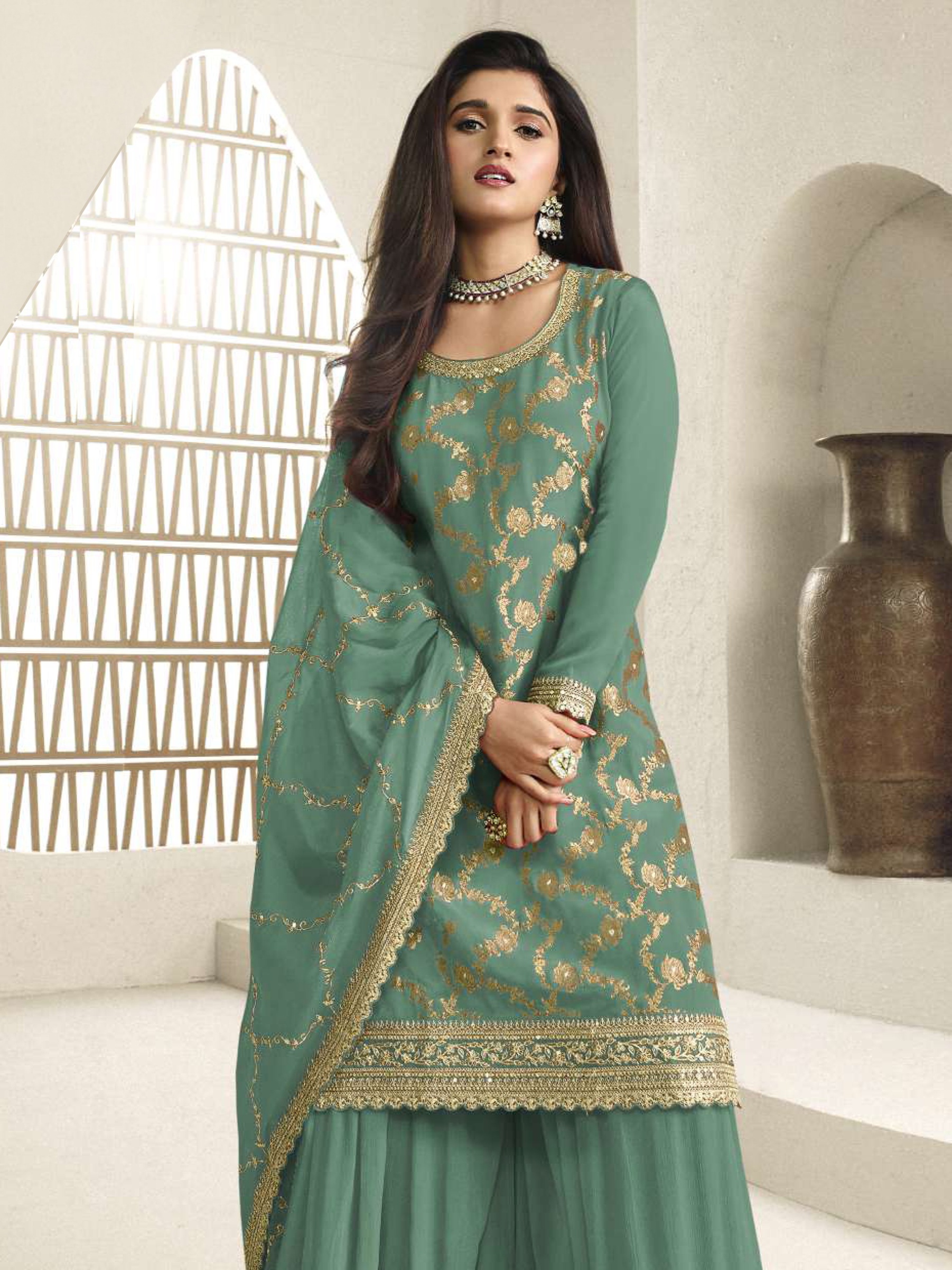 Blue Floral Designer Embroidery Chinon Palazzo Suit — alternate view