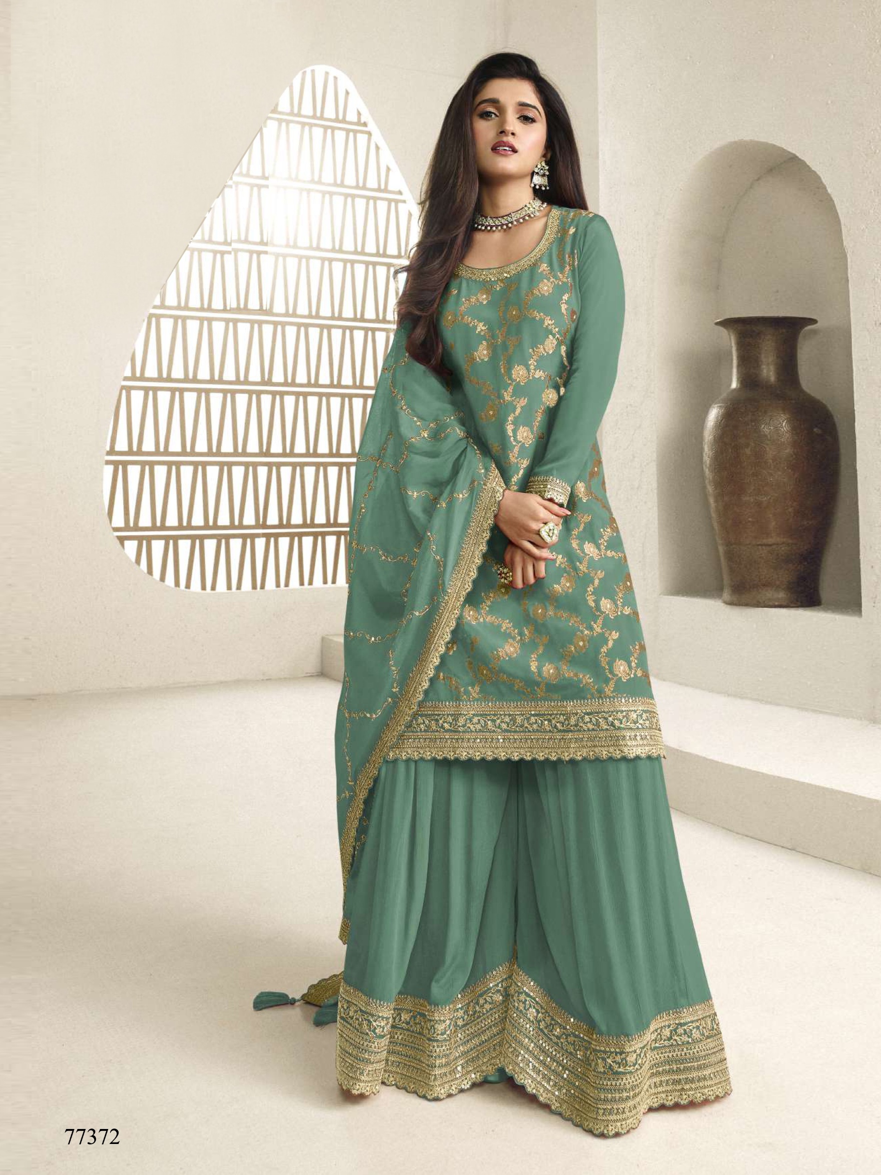 Blue Floral Designer Embroidery Chinon Palazzo Suit