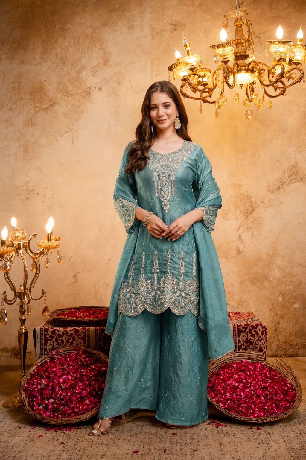 Blue Floral Designer Embroidery Fendy Palazzo Suit